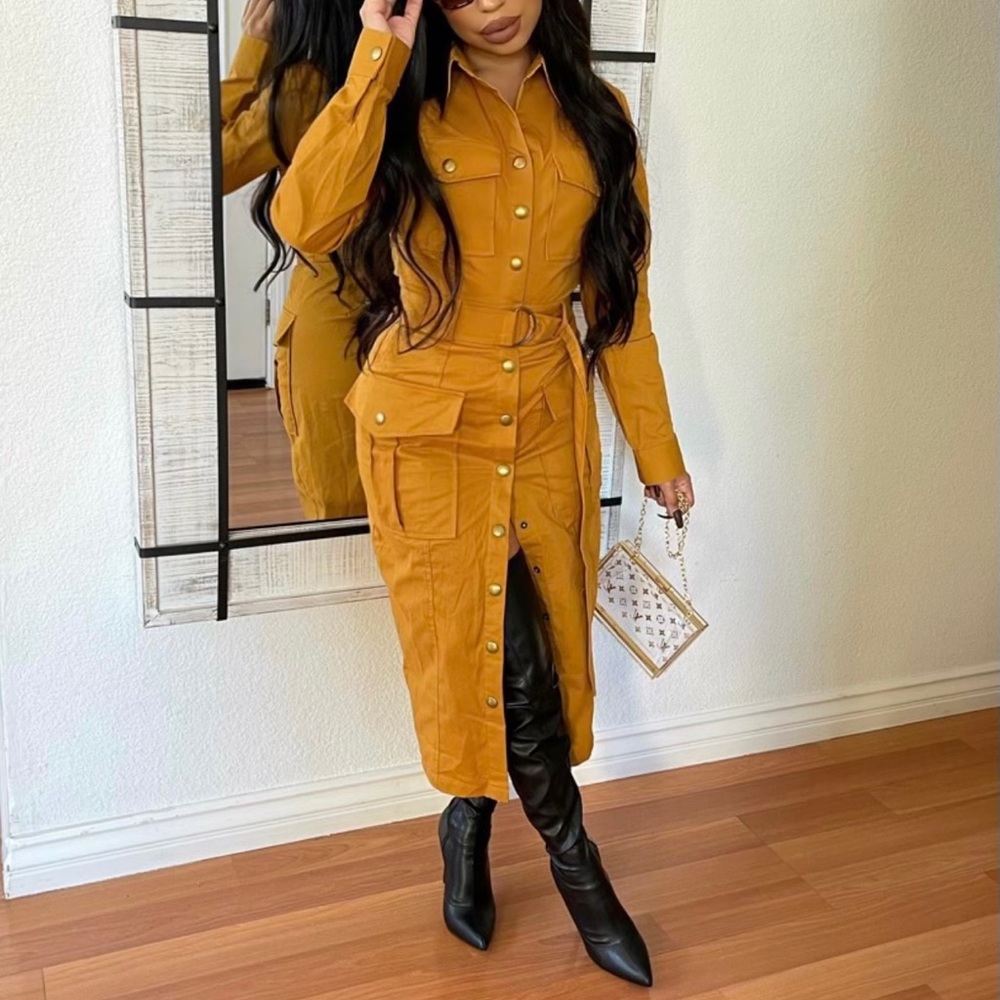 Mustard long sleeve button up dress.